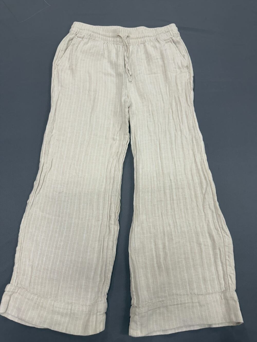 Time and Tru Women's Medium Linen Blend Wide Leg Pants Tan White Striped